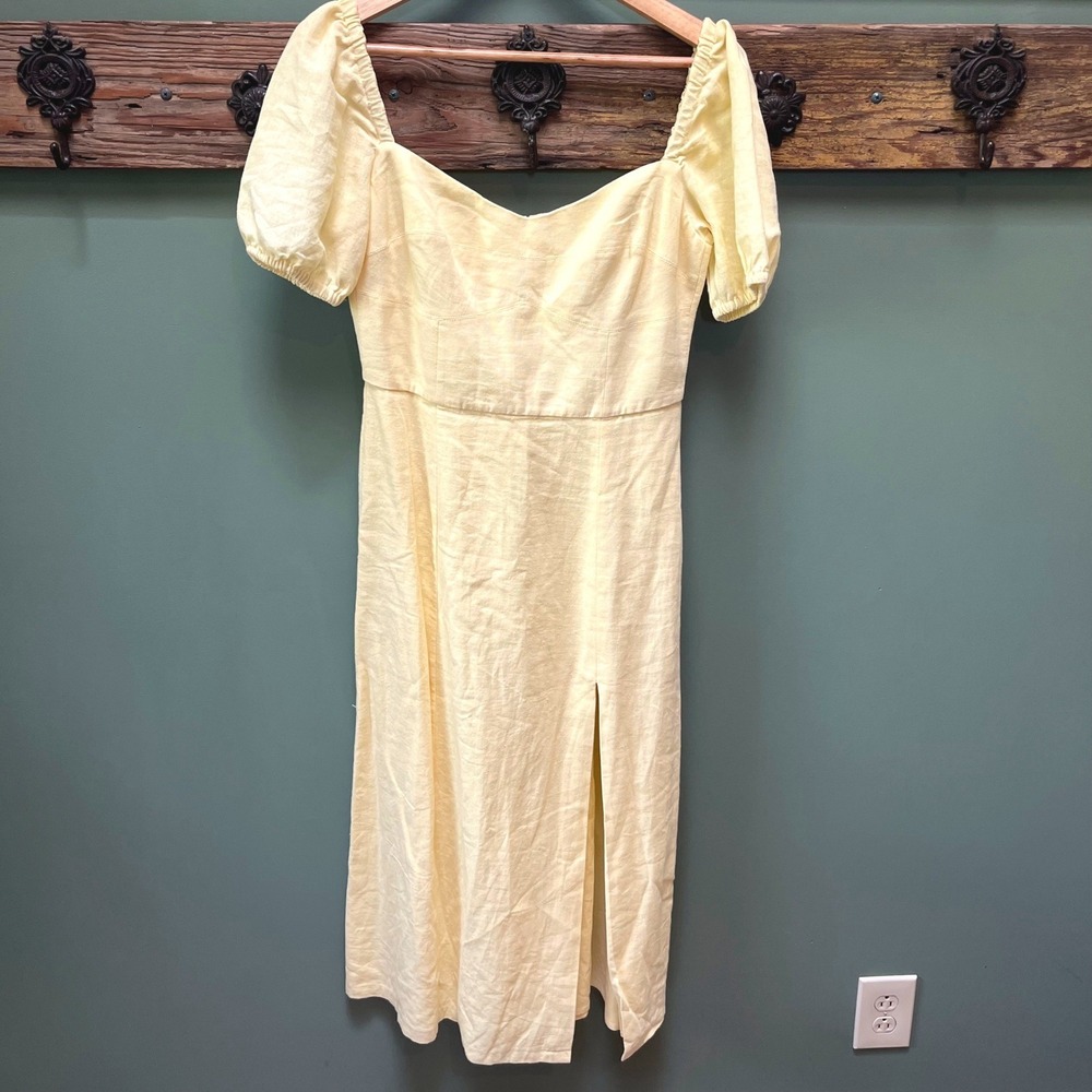 Bardot Jacynta Butter Yellow Dress Linen Puff Sleeve‎ Sweetheart Midi Dress 6